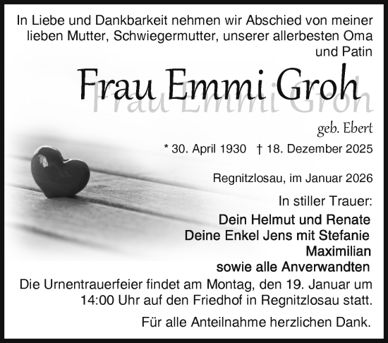 Traueranzeige von Emmi Groh von Frankenpost