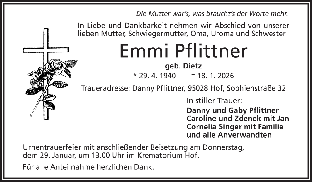  Traueranzeige für Emmi Pflittner vom 24.01.2026 aus Frankenpost
