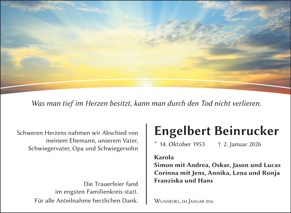  Traueranzeige für Engelbert Beinrucker vom 31.01.2026 aus Frankenpost
