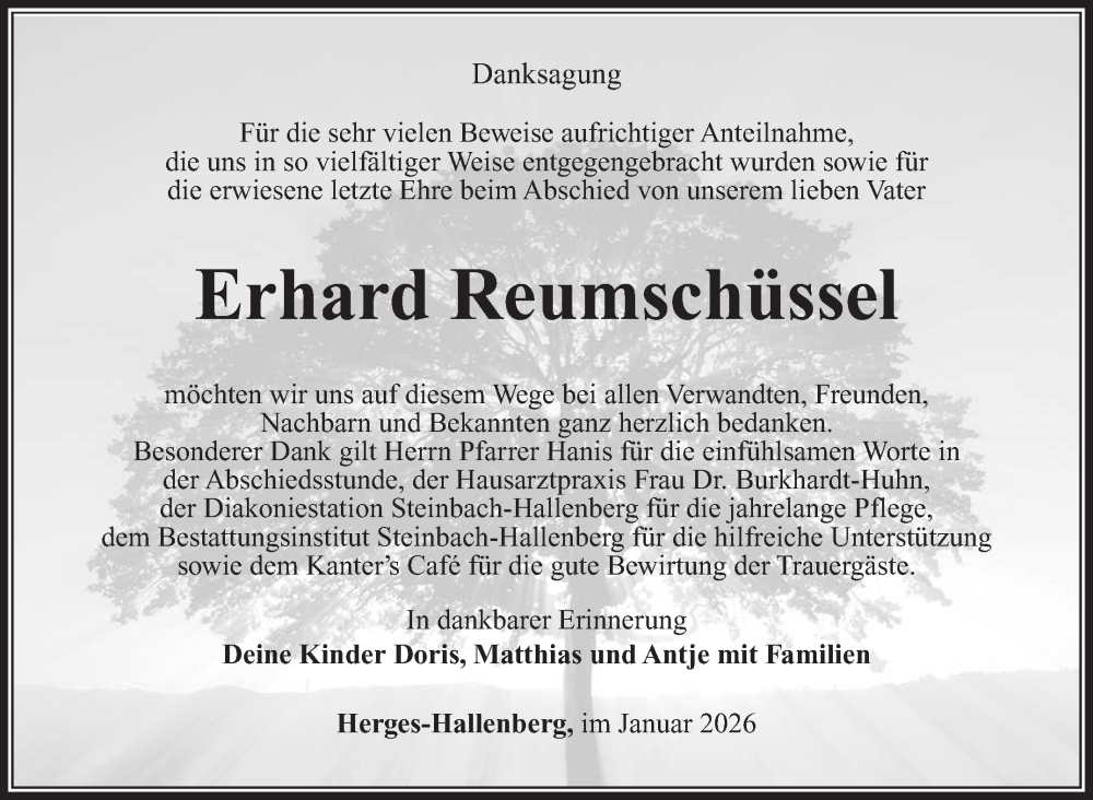  Traueranzeige für Erhard Reumschüssel vom 03.01.2026 aus Südthüringer Presse
