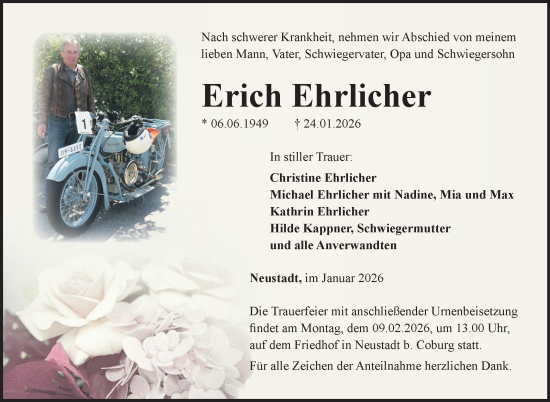 Traueranzeige von Erich Ehrlicher von Neue Presse Coburg