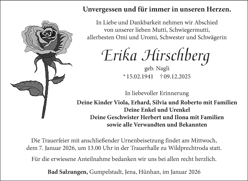  Traueranzeige für Erika Hirschberg vom 02.01.2026 aus Südthüringer Presse