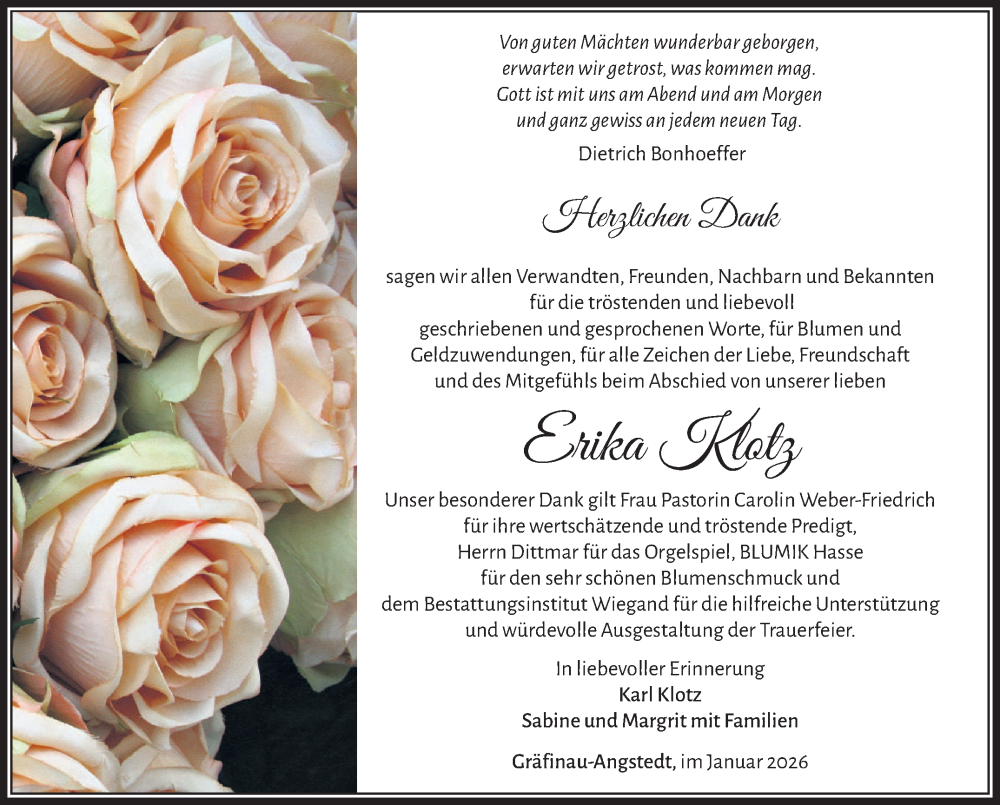  Traueranzeige für Erika Klotz vom 03.01.2026 aus Südthüringer Presse