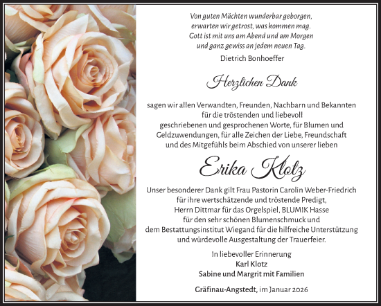 Traueranzeige von Erika Klotz von Südthüringer Presse