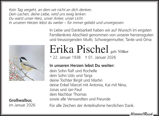 Traueranzeige von Erika Pischel von Neue Presse Coburg