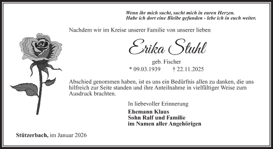 Traueranzeige von Erika Stuhl von Südthüringer Presse