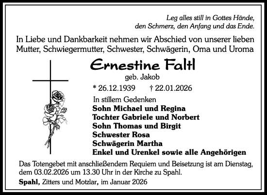 Traueranzeige von Ernestine Faltl von Südthüringer Presse