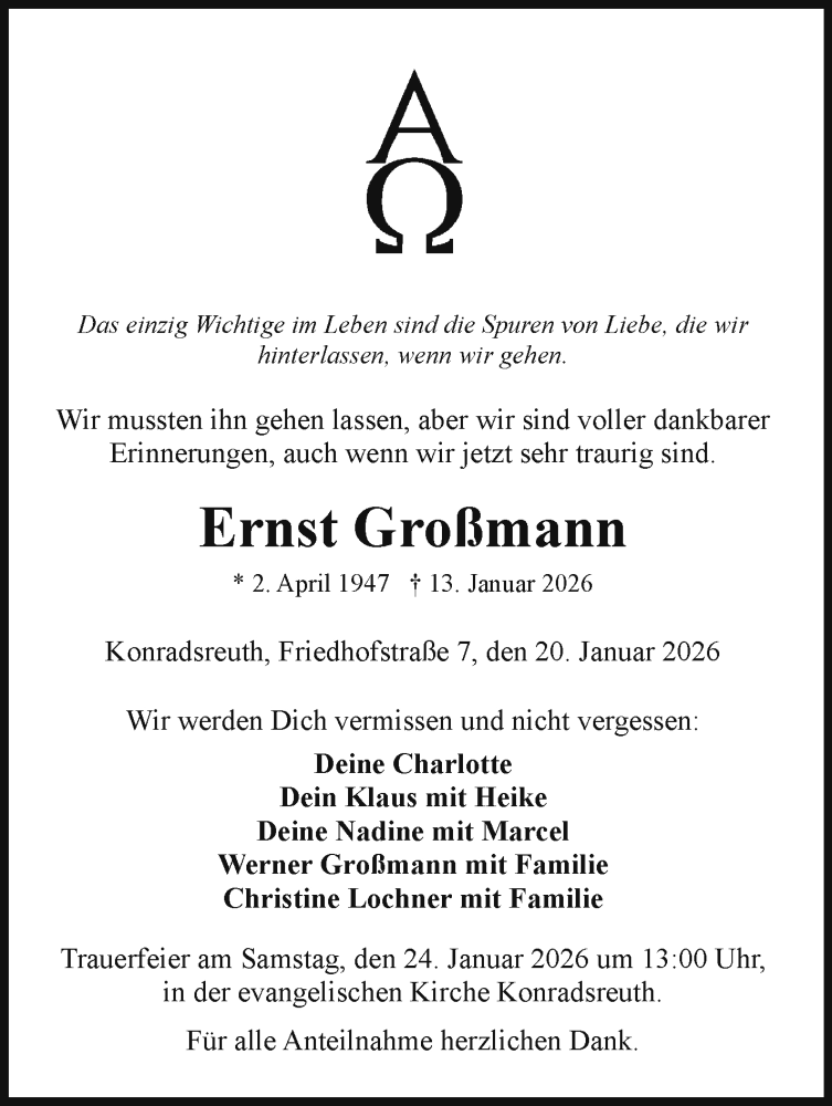  Traueranzeige für Ernst Großmann vom 20.01.2026 aus Frankenpost