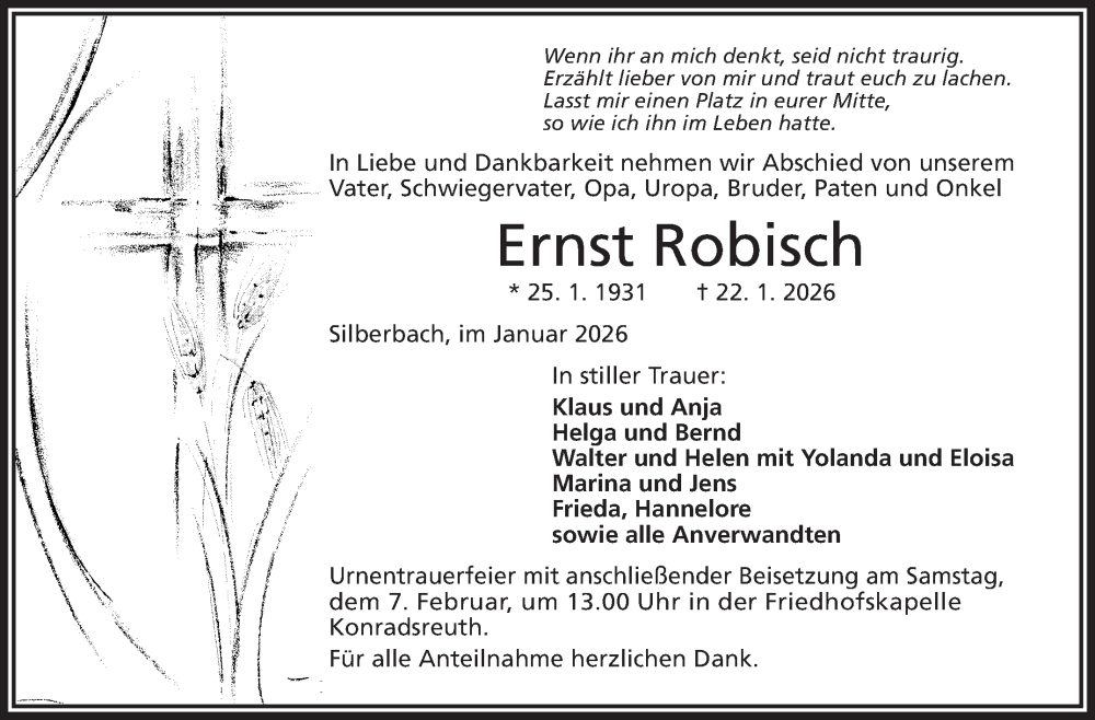  Traueranzeige für Ernst Robisch vom 31.01.2026 aus Frankenpost