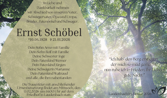 Traueranzeige von Ernst Schöbel von Südthüringer Presse