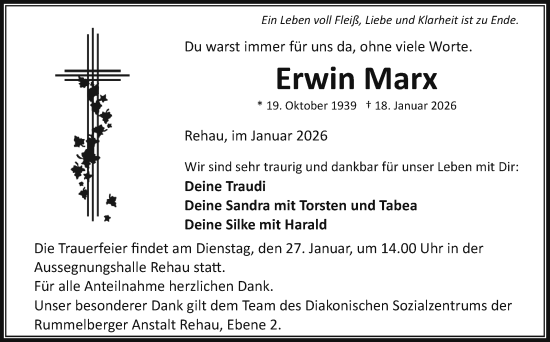 Traueranzeige von Erwin Marx von Frankenpost
