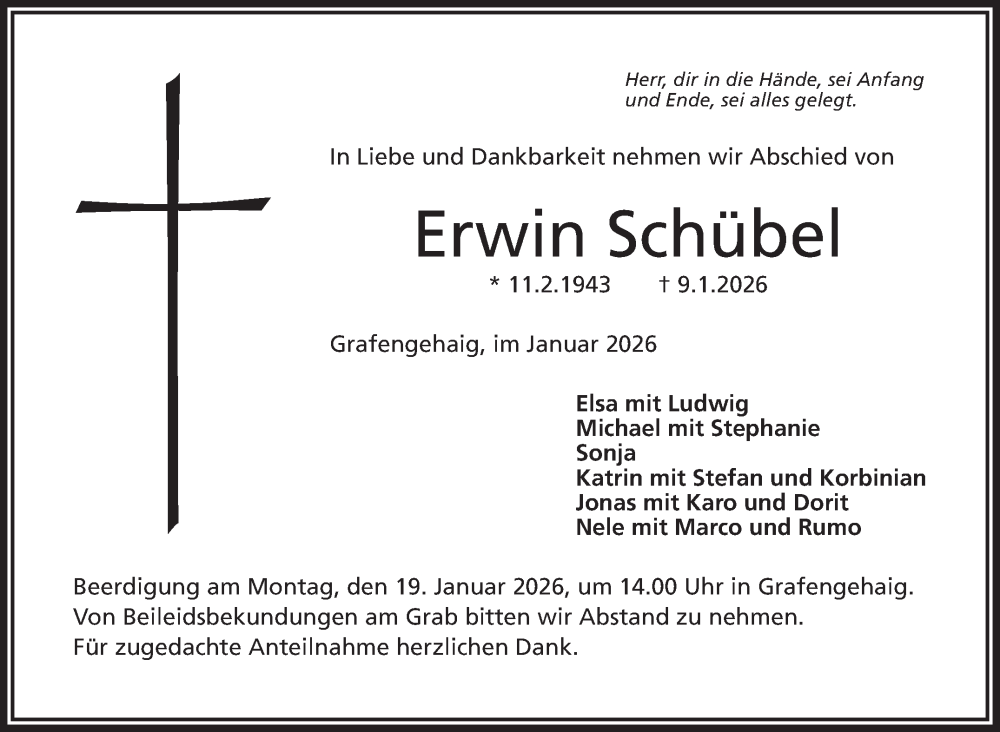  Traueranzeige für Erwin Schübel vom 15.01.2026 aus Frankenpost