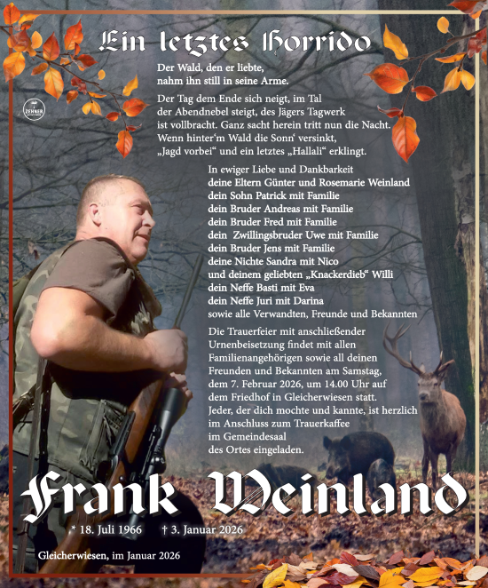 Traueranzeige von Frank Weinland von Südthüringer Presse