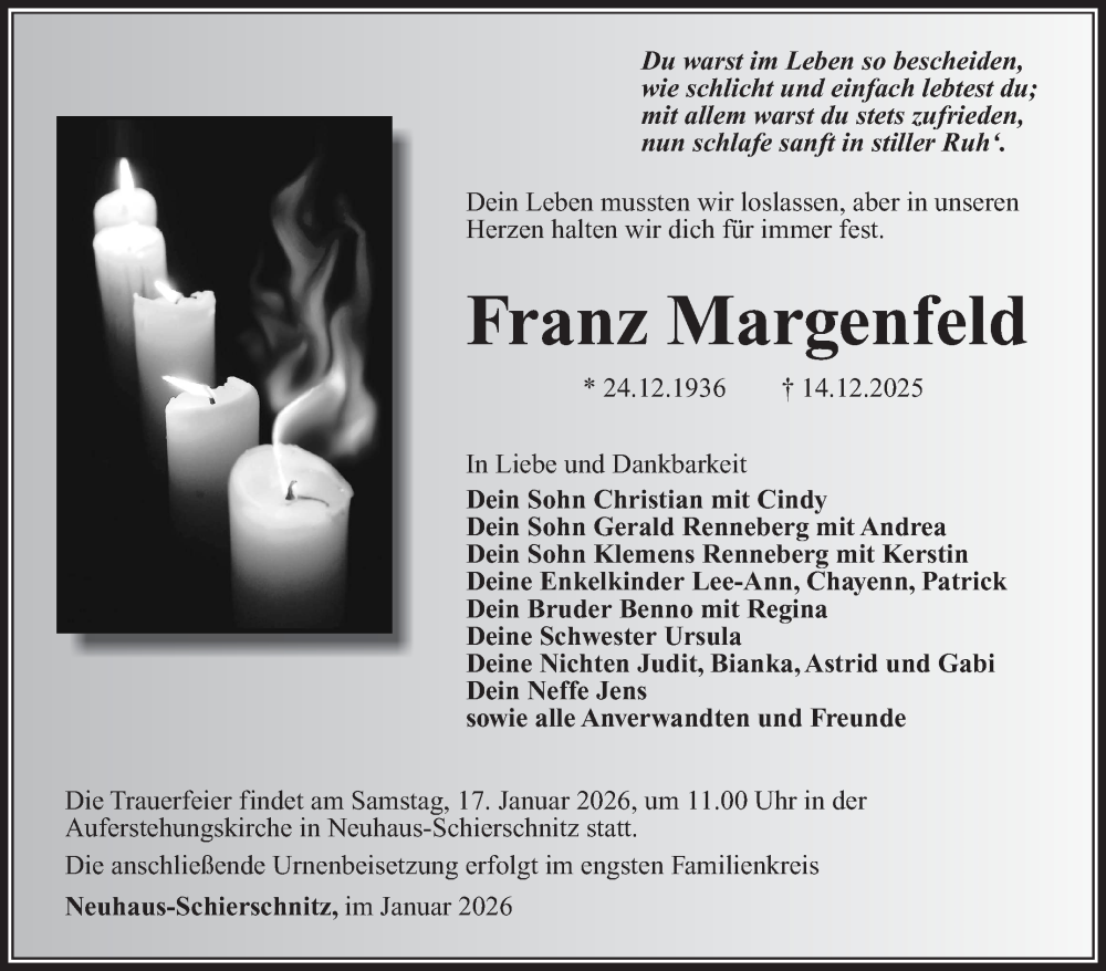  Traueranzeige für Franz Margenfeld vom 10.01.2026 aus Südthüringer Presse