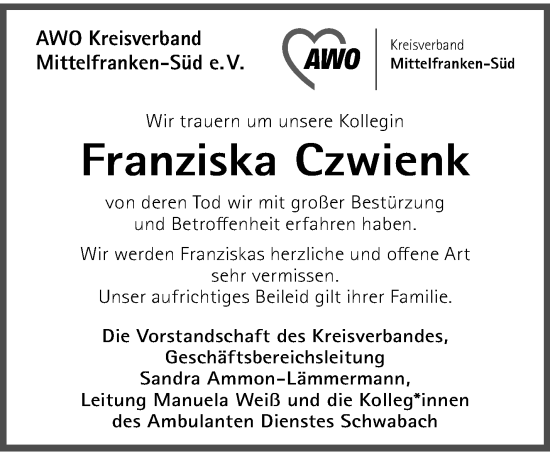 Traueranzeige von Franziska Czwienek von Südthüringer Presse