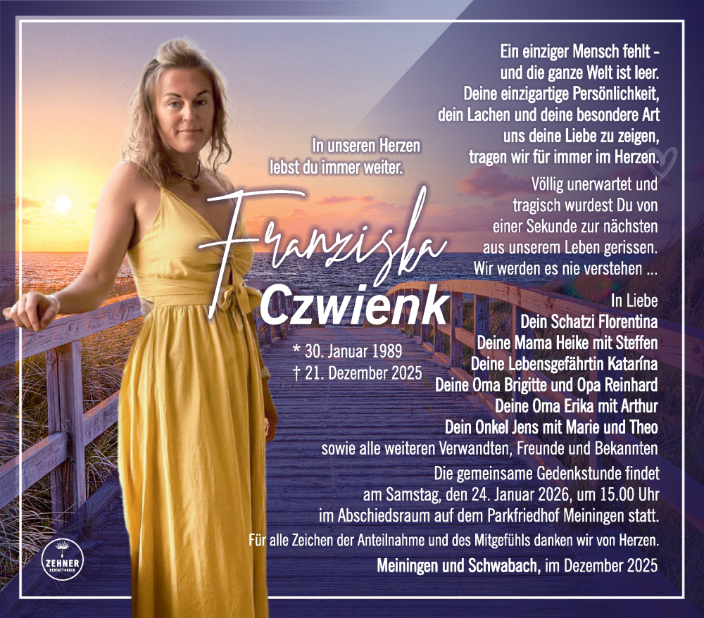  Traueranzeige für Franziska Czwienk vom 17.01.2026 aus Südthüringer Presse