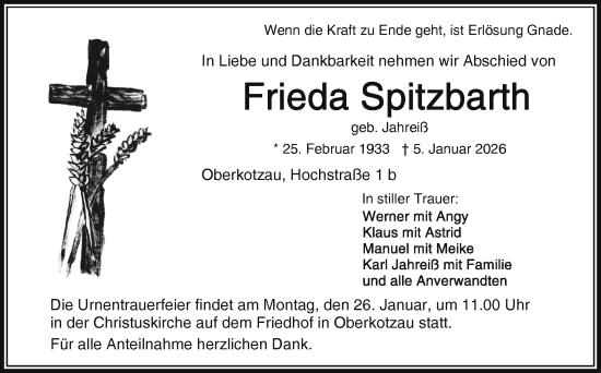 Traueranzeige von Frieda Spitzbarth von Frankenpost