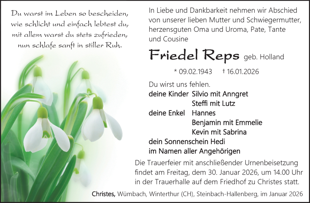  Traueranzeige für Friedel Reps vom 24.01.2026 aus Südthüringer Presse