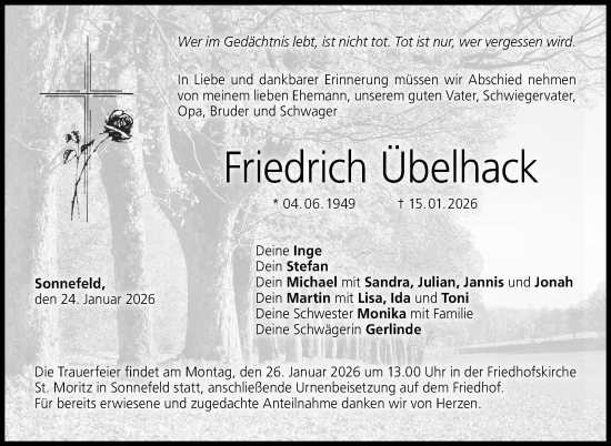 Traueranzeige von Friedrich Übelhack von Neue Presse Coburg
