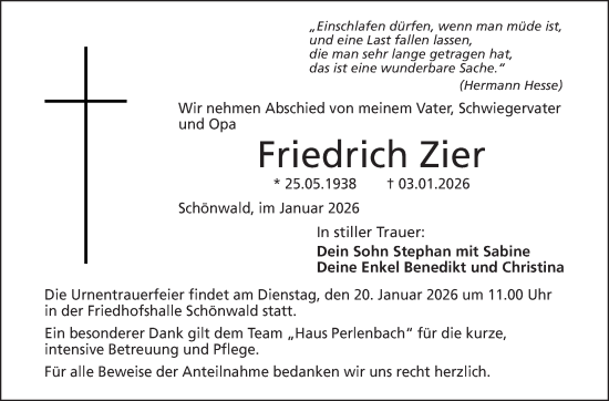 Traueranzeige von Friedrich Zier von Frankenpost