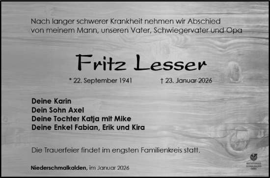 Traueranzeige von Fritz Lesser von Südthüringer Presse