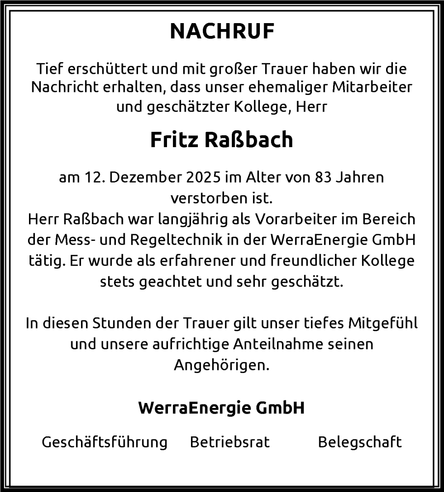  Traueranzeige für Fritz Raßbach vom 10.01.2026 aus Südthüringer Presse