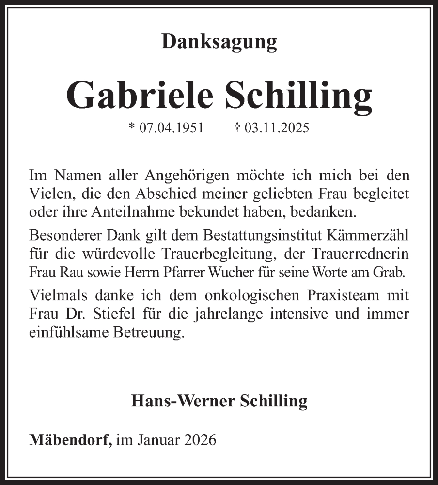  Traueranzeige für Gabriele Schilling vom 10.01.2026 aus Südthüringer Presse