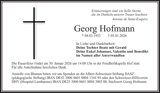 Traueranzeige von Georg Hofmann von Frankenpost