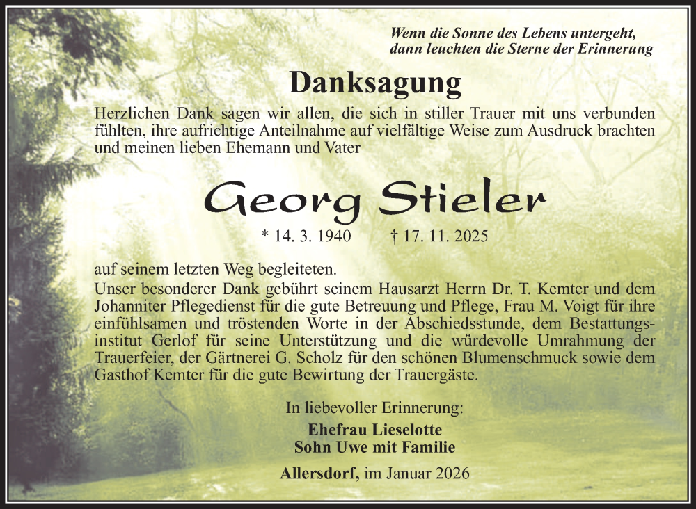  Traueranzeige für Georg Stieler vom 03.01.2026 aus Südthüringer Presse