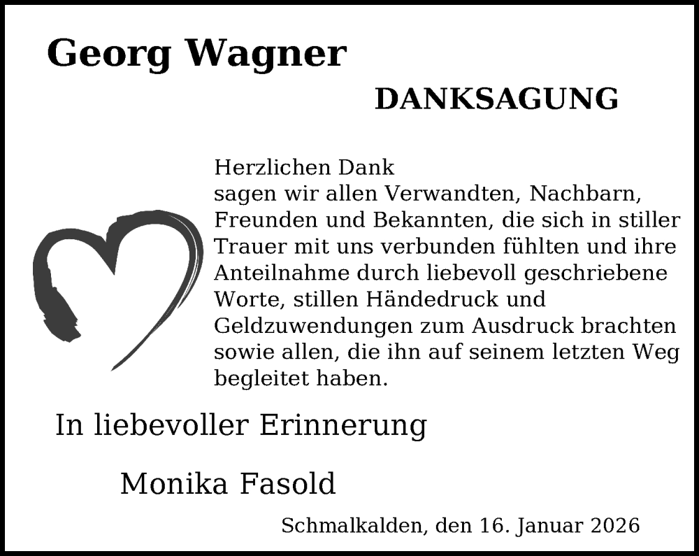  Traueranzeige für Georg Wagner vom 16.01.2026 aus Südthüringer Presse