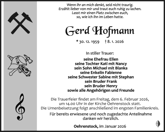 Traueranzeige von Gerd Hofmann von Südthüringer Presse