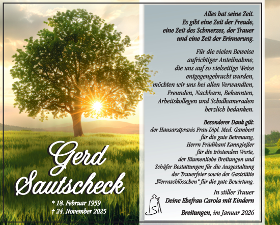 Traueranzeige von Gerd Sautscheck von Südthüringer Presse