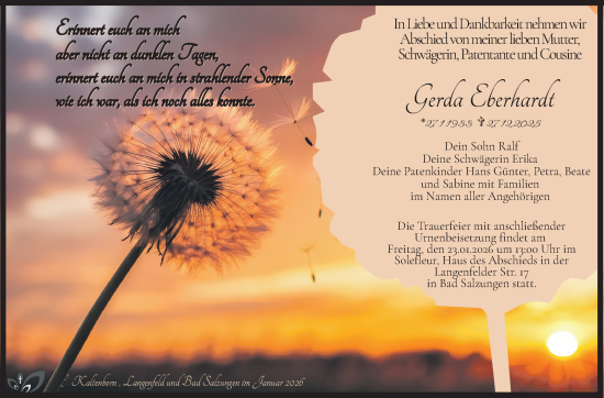 Traueranzeige von Gerda Eberhardt von Südthüringer Presse