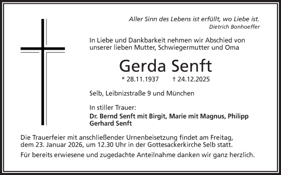 Traueranzeige von Gerda Senft von Frankenpost