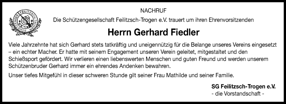  Traueranzeige für Gerhard Fiedler vom 03.01.2026 aus Frankenpost
