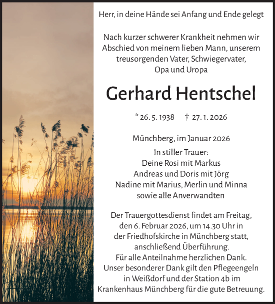 Traueranzeige von Gerhard Hentschel von Frankenpost