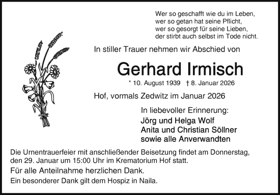 Traueranzeige von Gerhard Irmisch von Frankenpost