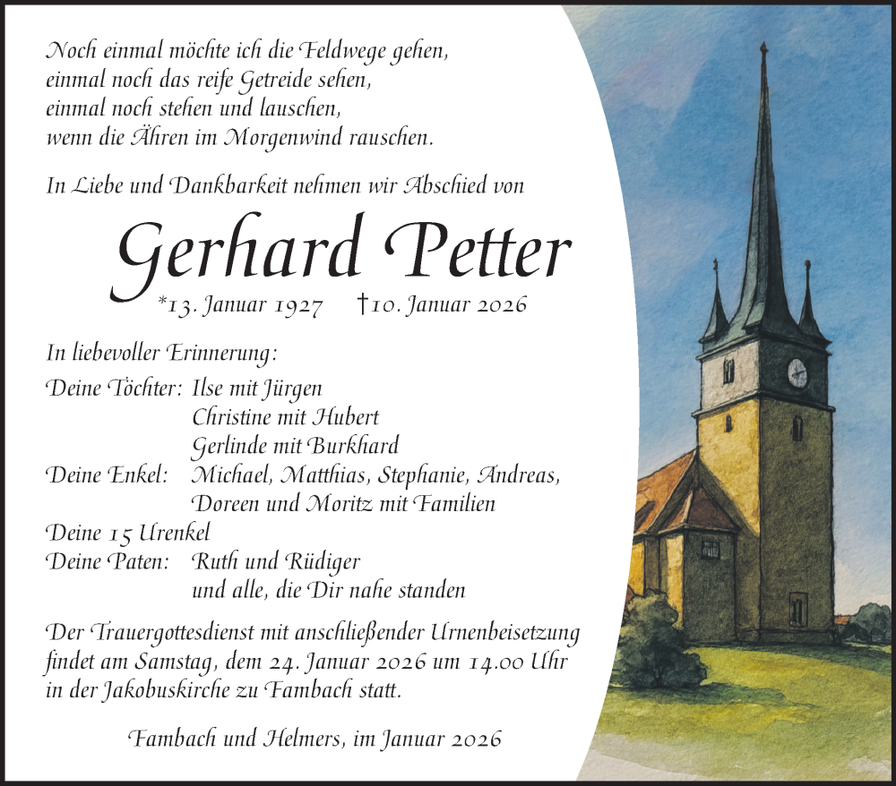  Traueranzeige für Gerhard Petter vom 17.01.2026 aus Südthüringer Presse