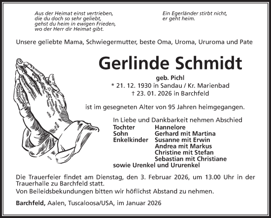 Traueranzeige von Gerlinde Schmidt von Südthüringer Presse