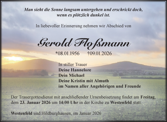 Traueranzeige von Gerold Floßmann von Südthüringer Presse