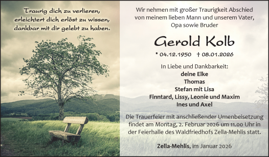 Traueranzeige von Gerold Kolb von Südthüringer Presse
