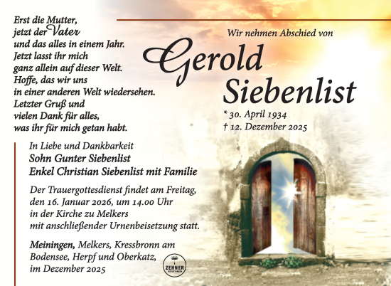 Traueranzeige von Gerold Siebenlist von Südthüringer Presse