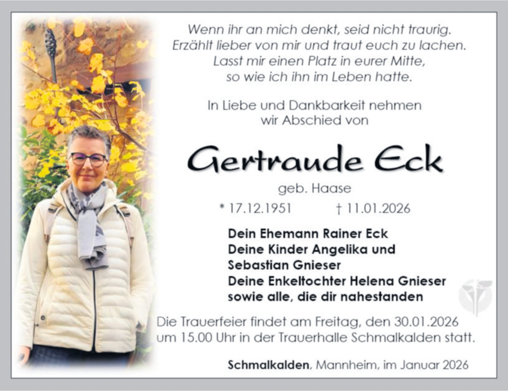  Traueranzeige für Gertraude Eck vom 24.01.2026 aus Südthüringer Presse