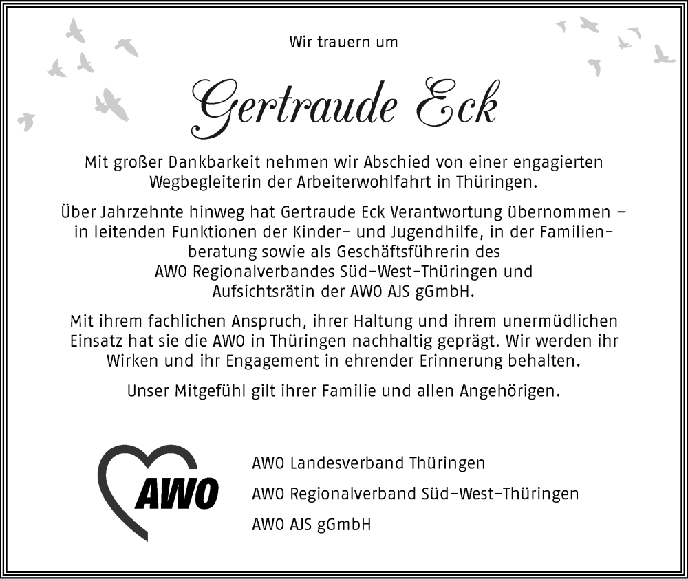  Traueranzeige für Gertraude Eck vom 24.01.2026 aus Südthüringer Presse