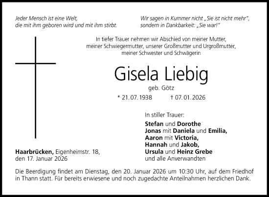 Traueranzeige von Giesla Liebig von Neue Presse Coburg
