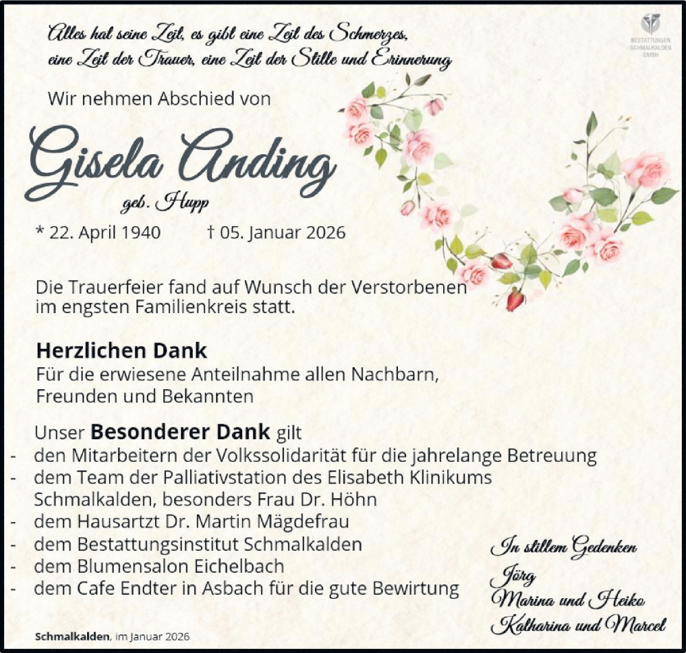  Traueranzeige für Gisela Anding vom 24.01.2026 aus Südthüringer Presse