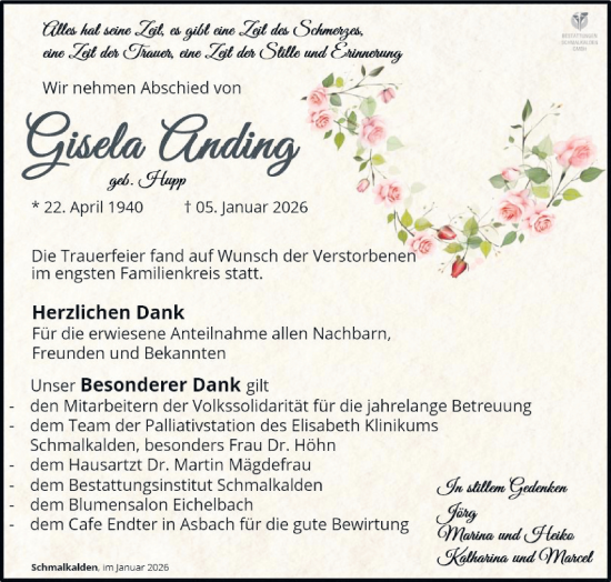 Traueranzeige von Gisela Anding von Südthüringer Presse