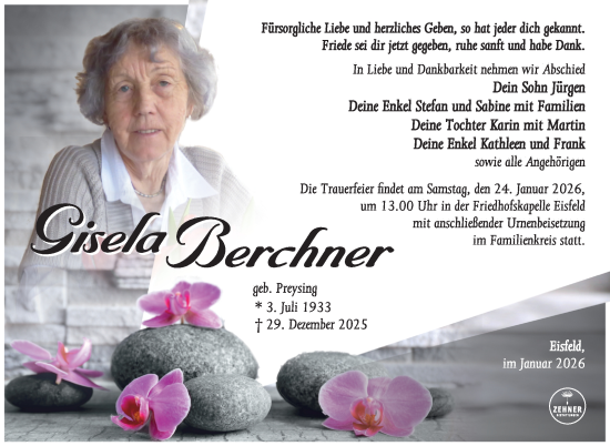Traueranzeige von Gisela Berchner von Südthüringer Presse