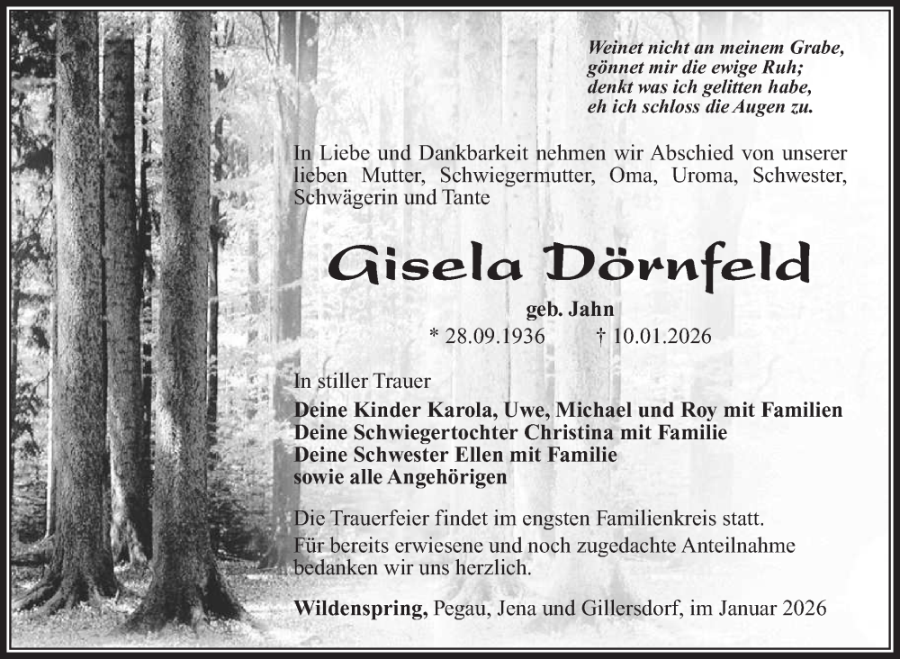  Traueranzeige für Gisela Dörnfeld vom 24.01.2026 aus Südthüringer Presse