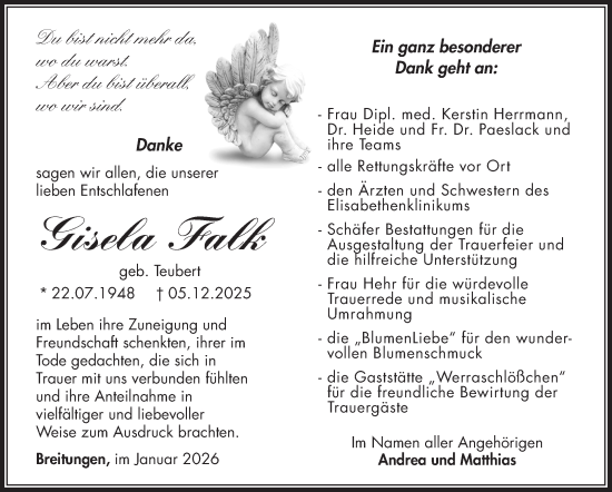 Traueranzeige von Gisela Falk von Südthüringer Presse